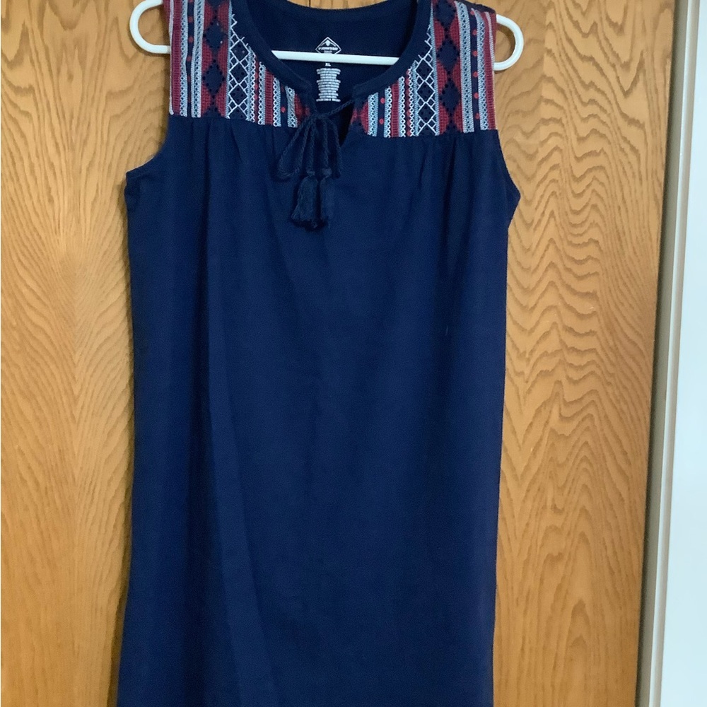 Navy Sleeveless Dress with Patterned Yoke